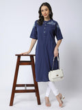 Women Cotton Regular Fit Mandarin Collar Embroidered Kurta